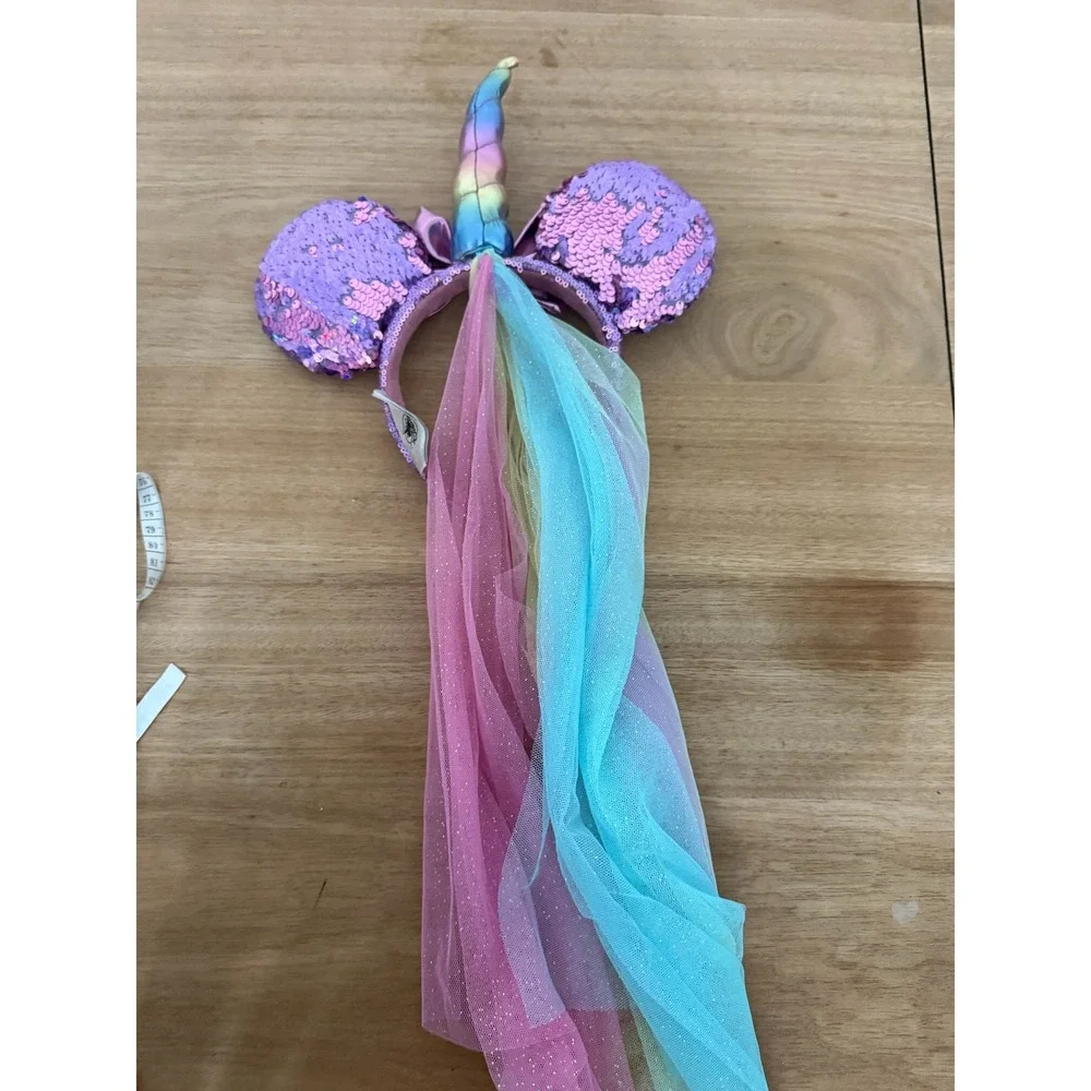 Disney Parks Minnie Mouse Unicorn Sequin Ears Headband Rainbow Veil Purple Pink